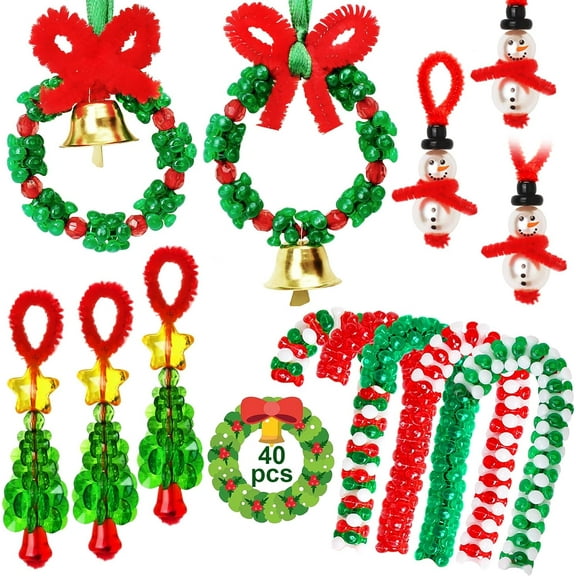 Christmas Crafts for Adults,40 Sets Beaded Ornament Kit,Including 20 Pcs Wreath with Bell/5 Pcs Snowman/5 Pcs Christmas Tree/10 Pcs Candy Cane,Holiday Tree Decorations