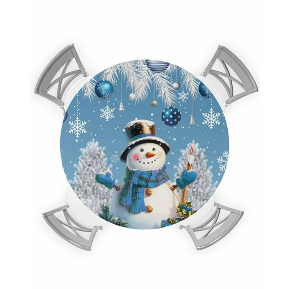 Blue Christmas Snowman Table Cloth, Round Fitted Tablecloths with Elastic Edge, Xmas Pine Tree Snowflake Funny Wipeable Waterproof Table Cover for Kitchen Wedding 36-44 Inches