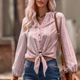 thumbnail image 3 of Camisa a rayas con cuello en V y dobladillo anudado a rayas verticales, Top corto con lazo de fibra de poliéster para mujer, fiesta al aire libre, rojo vino L, 3 of 6