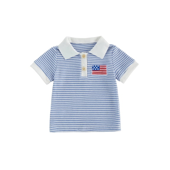 BemeyourBBs Toddler Baby Boy 4th of July T Shirt Outfit Patriot Independent Day Clothes Baby Girl Fourth of July Outfit American Flag Embroidery Waffled Striped Short Sleeve Lapel Collar Shirts Tops