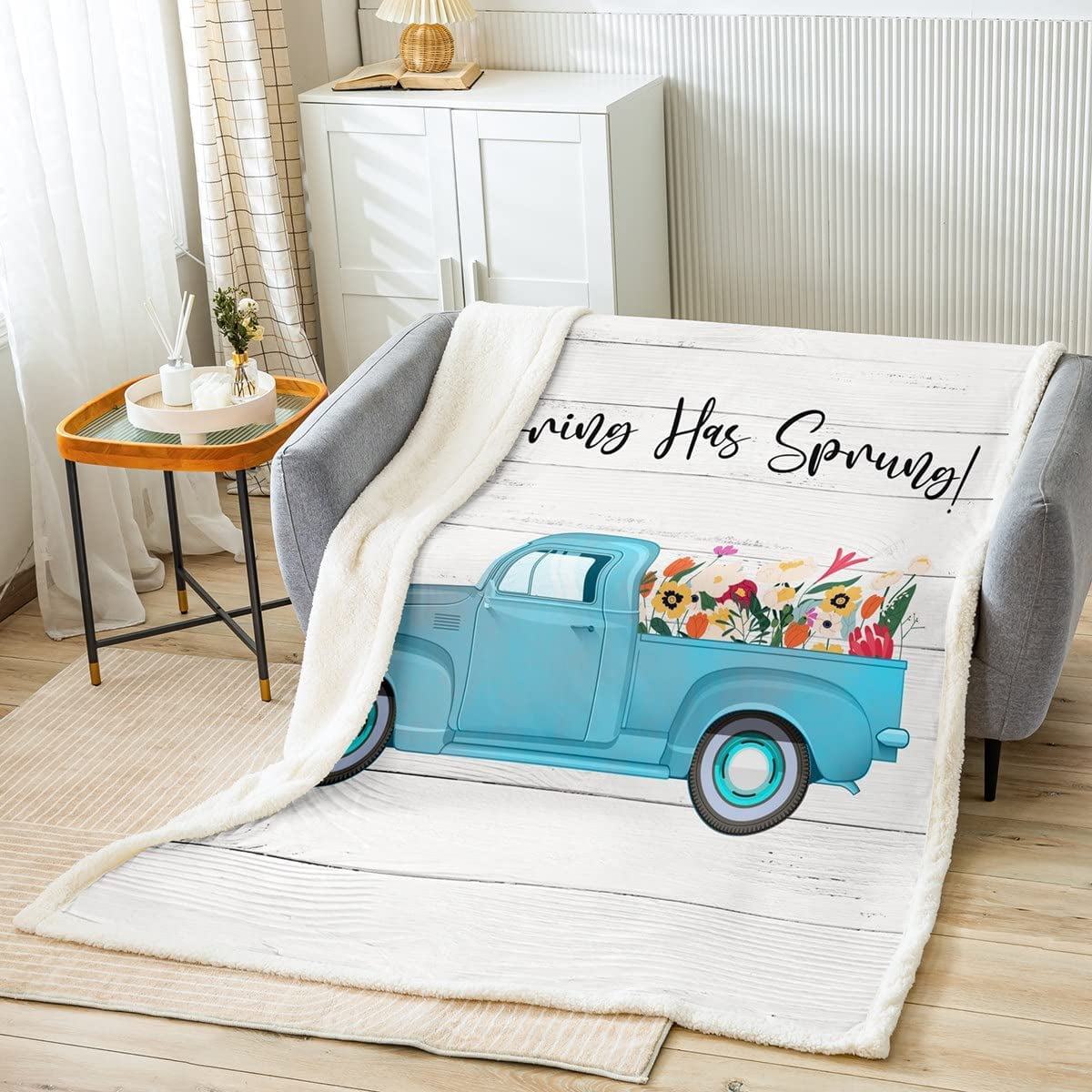 Spring Flowers Lightning Fleece Blanket Floral Blue Truck Bed Blanket for Adults Teens Rustic