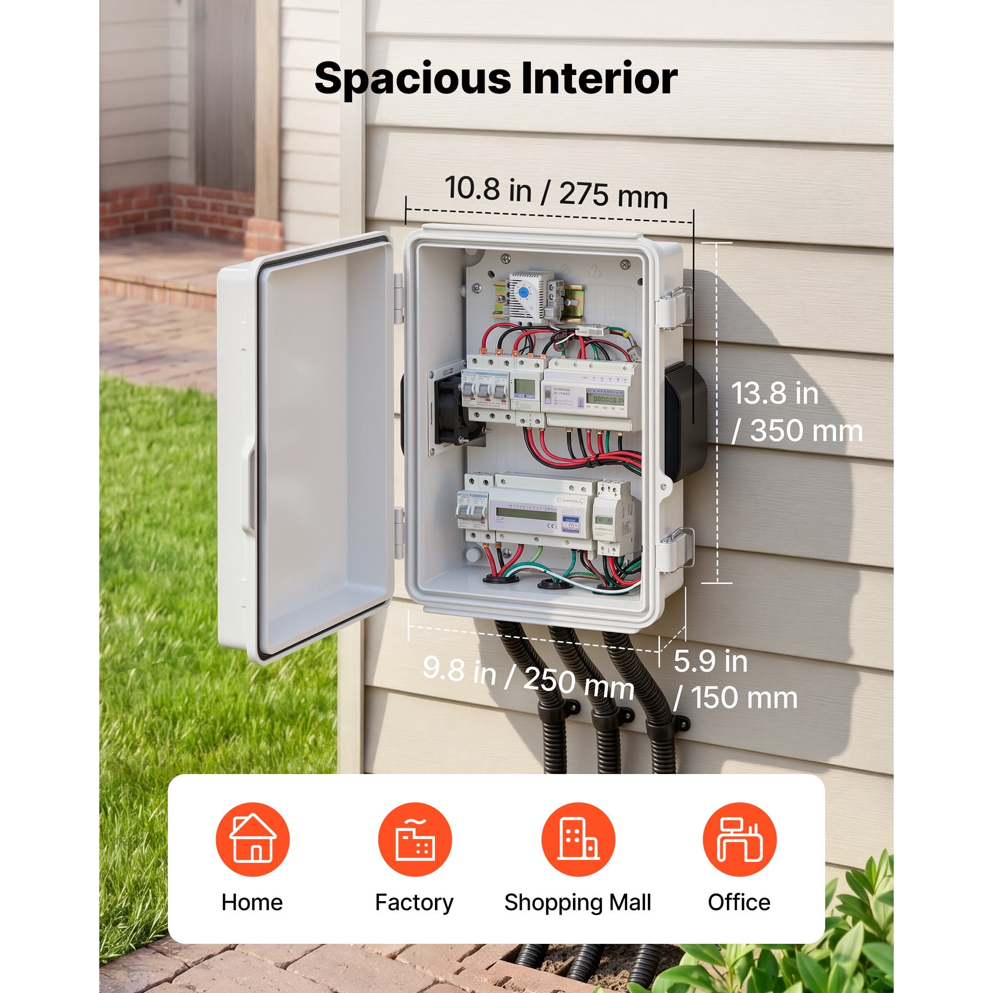 KFFKFF Outdoor Electrical Enclosure, ABS Material, Weatherproof Junction Box with Built-in Thermostat and Fan, Mounting Plate, Cable Seals, Ventilated Design, 14.2 x 10.8 x 5.9 in, IP65 Rated