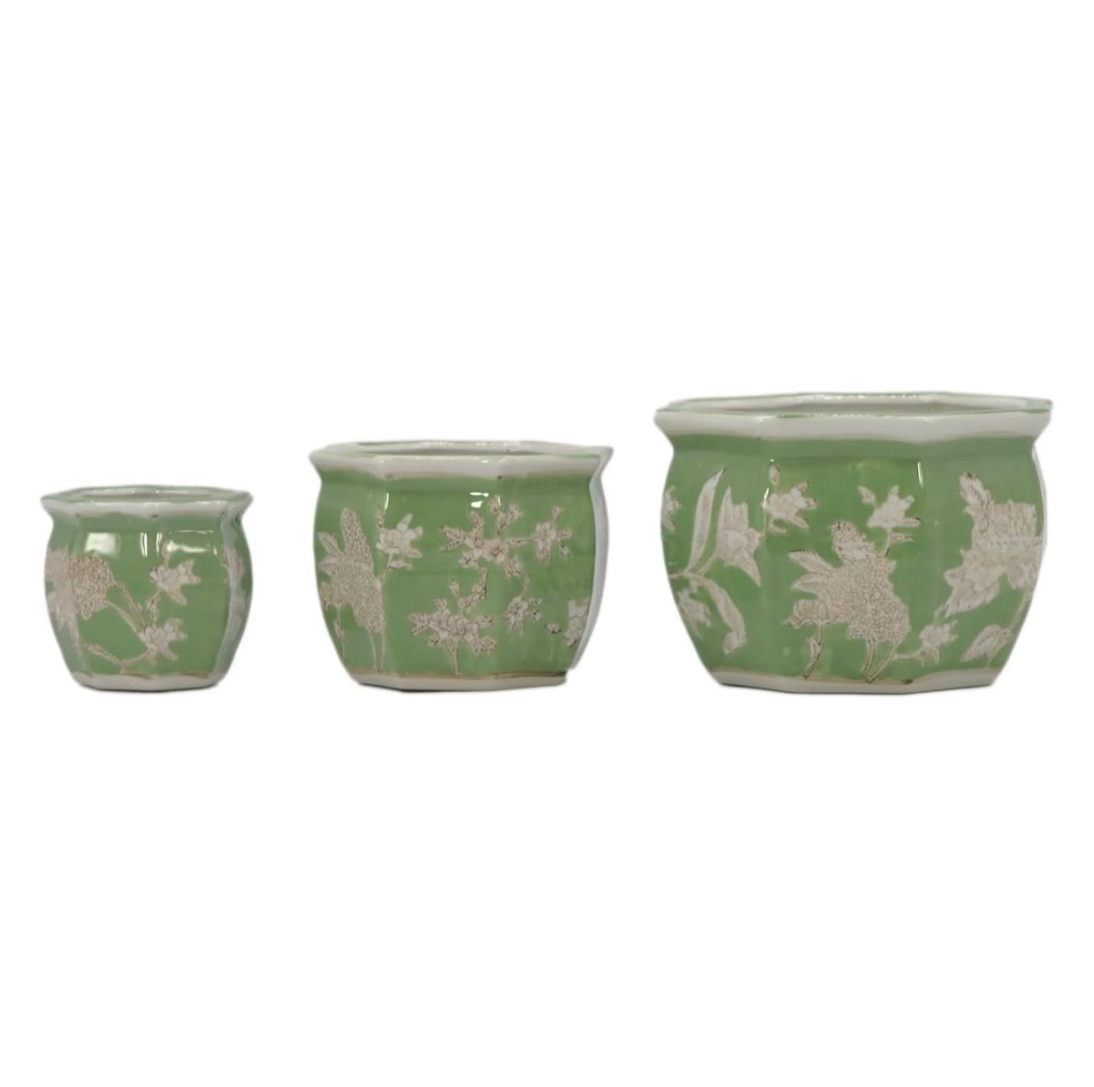 Green & White Floral Porcelain Ceramic Decorative Flower Pot 8"/6"/4.5" Garden Pots Chinese Asian Design - Set of 3 Green Fluted