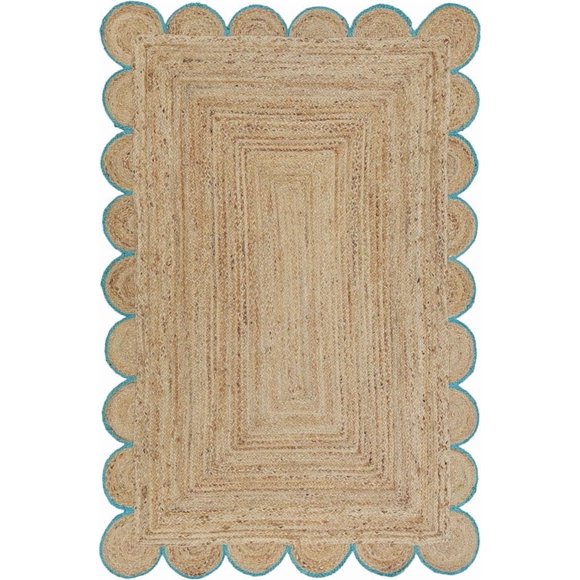 4x7 Ft Sky Blue Border Premium Scalloped Jute Rug – Handcrafted Natural Braided Carpet for Living Room, Bedroom, Entryway – Boho Home Decor
