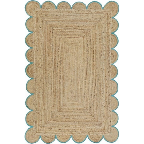 2x4 Ft Sky Blue Border Premium Scalloped Jute Rug – Handcrafted Natural Braided Carpet for Living Room, Bedroom, Entryway, Boho Home Decor