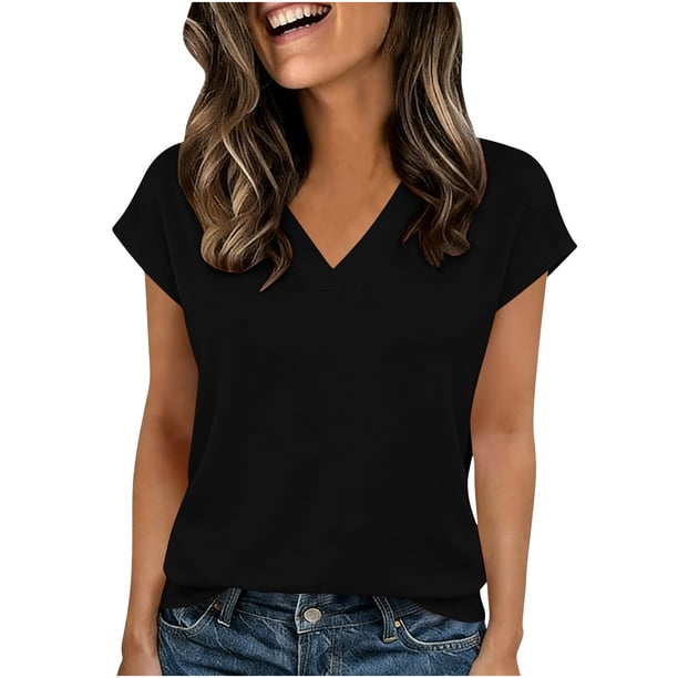 Camiseta de Manga Corta de Cuello en V de Color Sólido Casual para el Uso Diario de Primavera Verano
