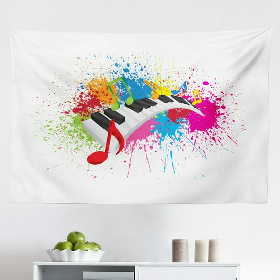 Music Tapestry, Stained Glass Style Composition of Clef Notes and Keyboard in Summer Tones, Fabric Wall Hanging Decor for Bedroom Living Room Dorm, 2 Sizes, Blue Yellow and Green, by Ambesonne