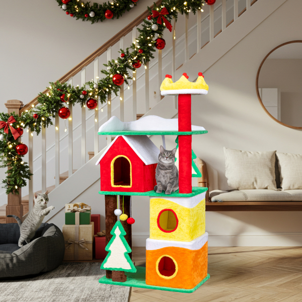 56in Christmas Cat Tree with 3 Condos & Crown Perch - Multi-Level Cat Tower with Sisal Ramps for Indoor Cats, Holiday Decor