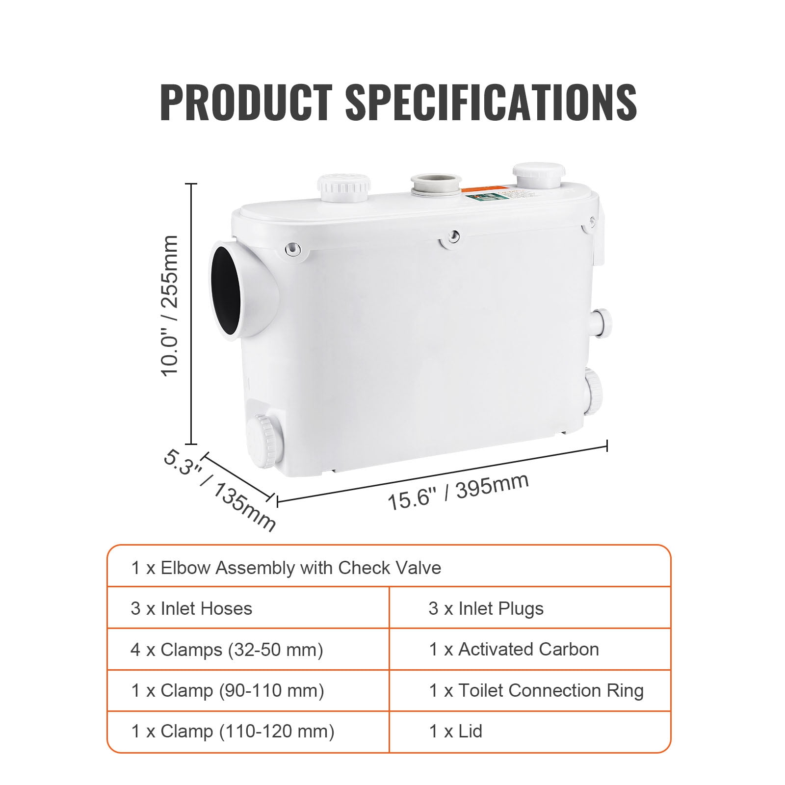 KFFKFF 500W Macerator Pump, 29 GPM Flow Rate, 26 ft/8 m Head, Wall-Mounted Toilet Pump with 4 Water Inlets, Upflush System for Waste Disposal in Toilets, Basements, Showers, Sinks, Laundry Areas