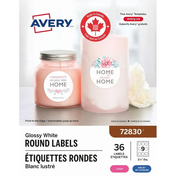 Avery Glossy White Round Labels, 2½" Dia., Permanent Adhesive, for Laser and Inkjet Printers - 72830