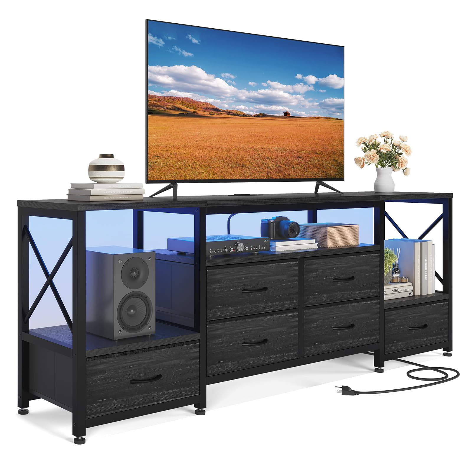 LED TV Stand for 75 Inch TV, Entertainment Center with LED Light & Power Outlets,63" TV Stand with 6 Fabric Drawers for Bedroom,Charcoal Black