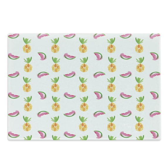 Pineapple Cutting Board, Pineapple and Watermelon Fruit Themed Minimal Sketch Pastel Watercolor Pattern, Decorative Tempered Glass Cutting and Serving Board, Large Size, Multicolor, by Ambesonne