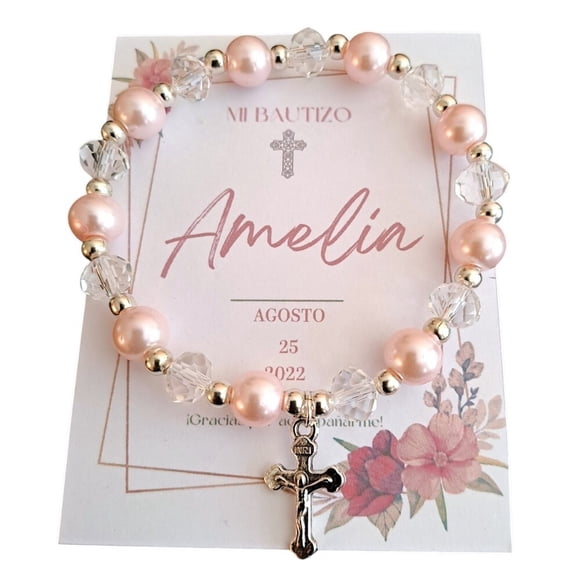 Pulsera Perla rosa, Cristal Y Dije De Cruz, Recuerdo Con Tarjeta Personalizada Para Bautizo, Primera Comunión, Confirmación, Boda, xv Años,etc.Paquete de 10 Piezas