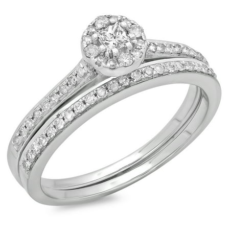 0.40 Carat (ctw) 14K Gold Princess & Round Cut Diamond Ladies Bridal Halo Engagement Ring With Band Set