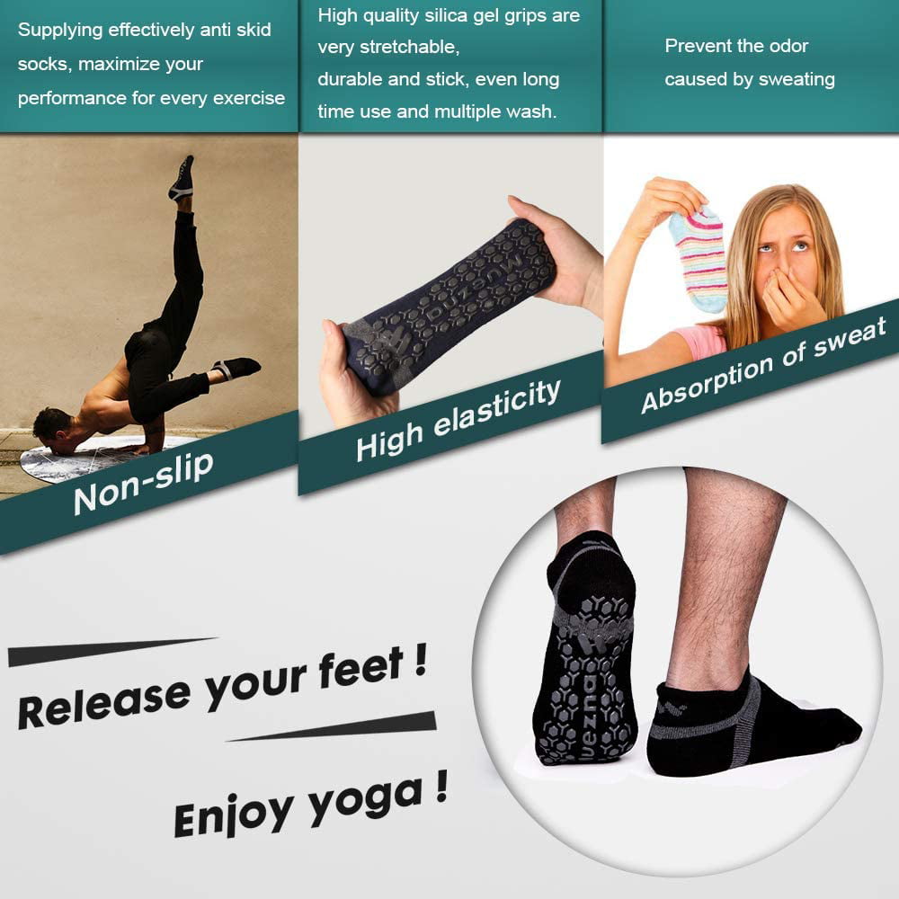 Muezna Men's Non-Slip Yoga Socks Bikram Fitness Hospital Slipper Socks with Grips Barre Anti-Skid Pilates 