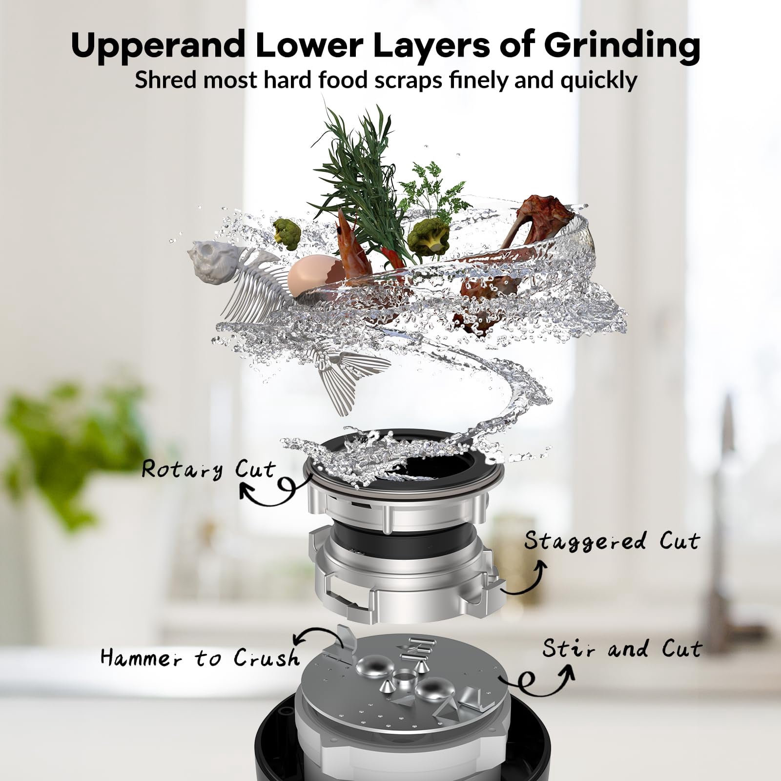 1 HP Garbage Disposal with Air Switch Kit, 3500 RPM 4-Stage Grinding Food Waste Disposer for Kitchen Sink, Quiet and Durable Waste Management, Gray/Matte Black