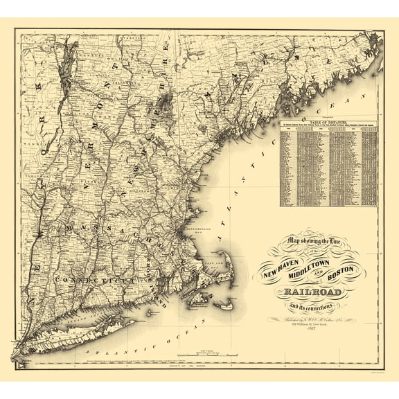 Railroad Map - New Haven Middletown and Boston Railroad - Colton 1867 - Vintage Wall Art