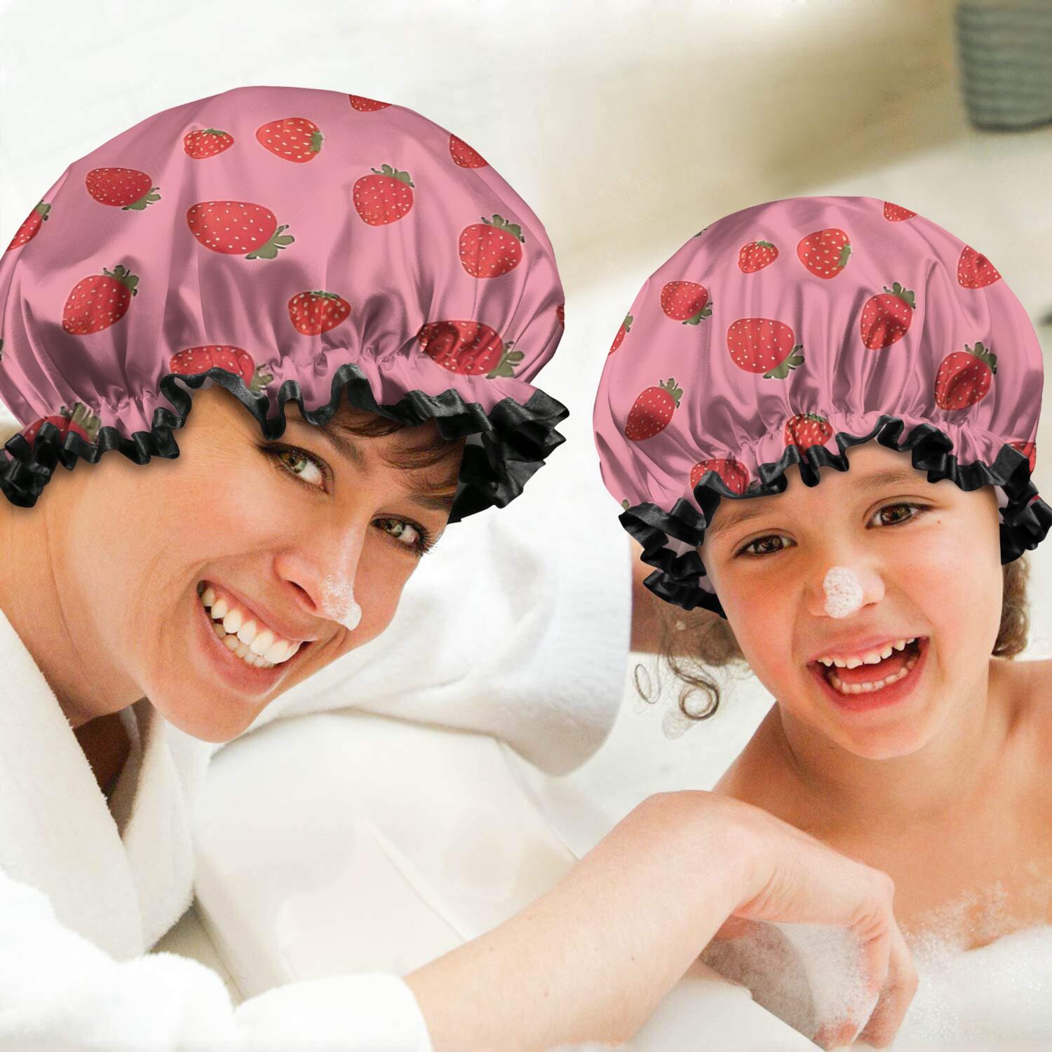 Shower Caps,Red Strawberry Plants Fruit Pink Pattern Waterproof Shower Cap for Women 4 Pieces,Double Reusable Hair Cover for Shower PEVA Elastic Stretch Hem