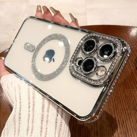 ELEHOLD MagSafe Compatible iPhone 11 Glitter Plating Case with Diamond Camera Lens Protector, Cute Luxury Bling Rhinestones Soft Clear Transparent TPU Magnetic Case for iPhone 11,Silver