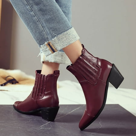 

FITORON Ankle Boots for Women- Plus Ladies Autumn and Winter Boots Pointed Toe Thick High-heeled Boots Wine 35