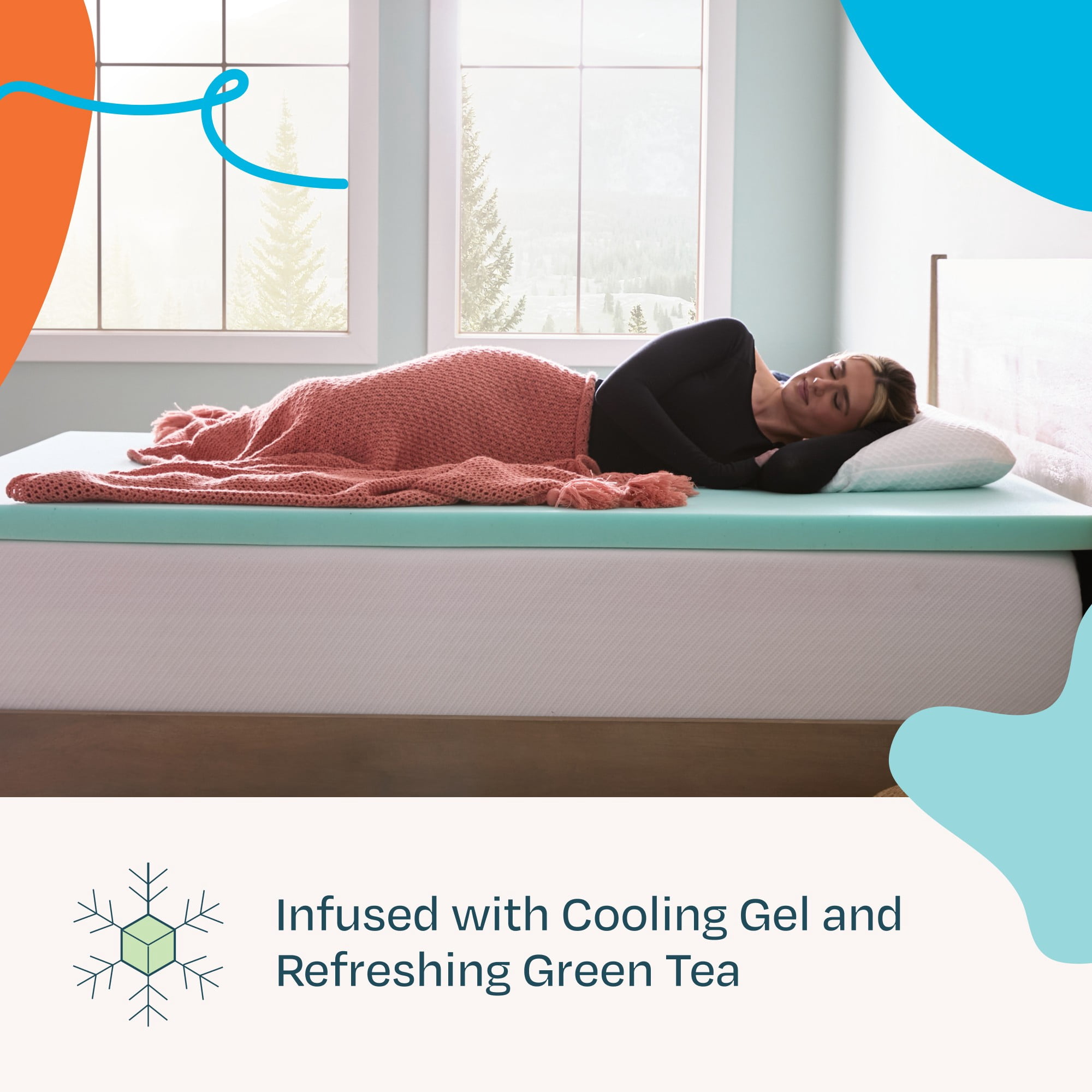 Linenspa 2" Cooling Gel and Green Tea Infused Memory Foam Mattress Topper, Full