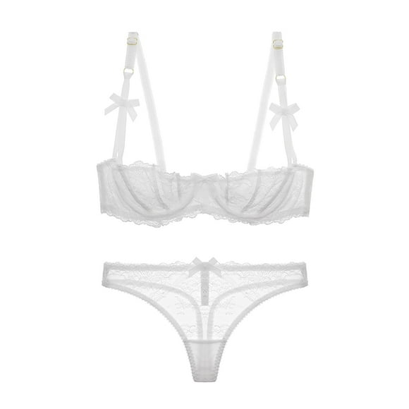 Varsbaby Unlined Balconette Demi-Cup Underwire Lace Bra and Thongs