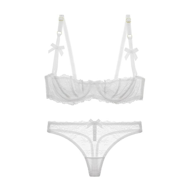Varsbaby Unlined Balconette Demi-Cup Underwire Lace Bra and Thongs