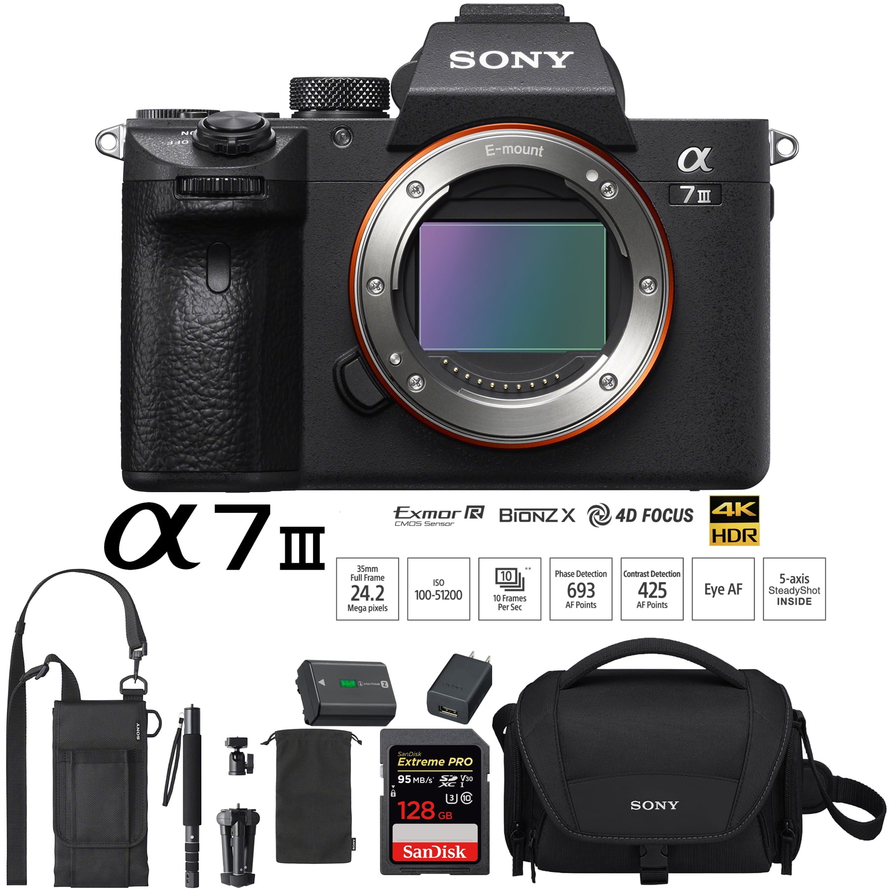 Vuggeviser se banjo Sony a7III Full Frame Mirrorless Interchangeable Lens Camera (Body)  ILCE-7M3 with Sony Multipod Monopod Sony a7 III Camera Bag and SanDisk  128GB SDXC Memory Card Bundle - Walmart.com