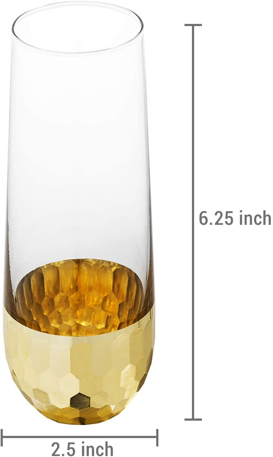 MyGift Clear Stemless Champagne Flute Glasses with Hammered Brass Plated Bottoms, Set of 4