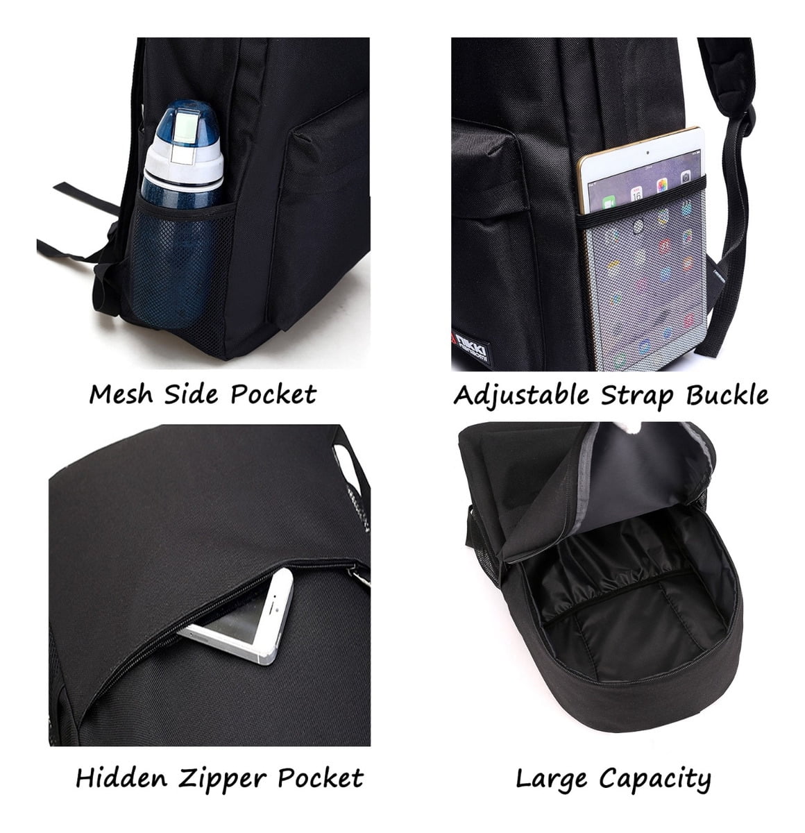 Preston Playz Print Black School Backpack, Cute Cool Anime Gaming Laptop Daypack for Elementary Students, Lightweight Travel Bag with Large Capacity
