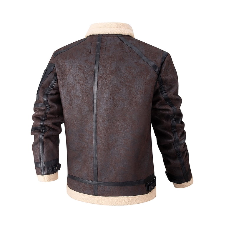 Men's Lamb Wool Bomber Coat Faux Leather Sherpa Fleece Lined