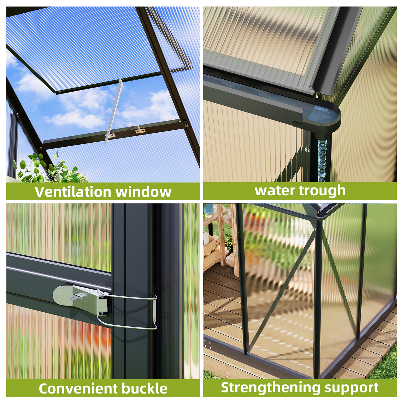 Fairy Outdoor Greenhouse 6x4 FT, Polycarbonate Walk-in Green House with Aluminum Frame & Roof Vent for Backyard Plants