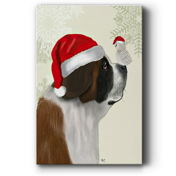 Christmas St Bernard and Fluffy Owl- Gallery Wrapped Canvas