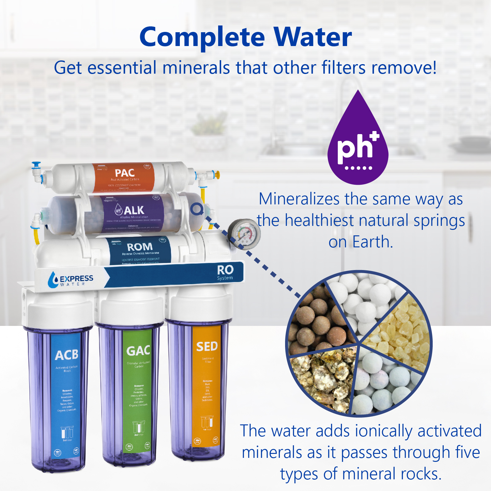 Express Water 10 Stage Home Drinking Filtration System Alkaline pH+ Reverse Osmosis 100 GPD RO Membrane Clear Housing Modern Chrome Faucet Pressure Gauge Residential Under Sink Purification ROALK10MCG