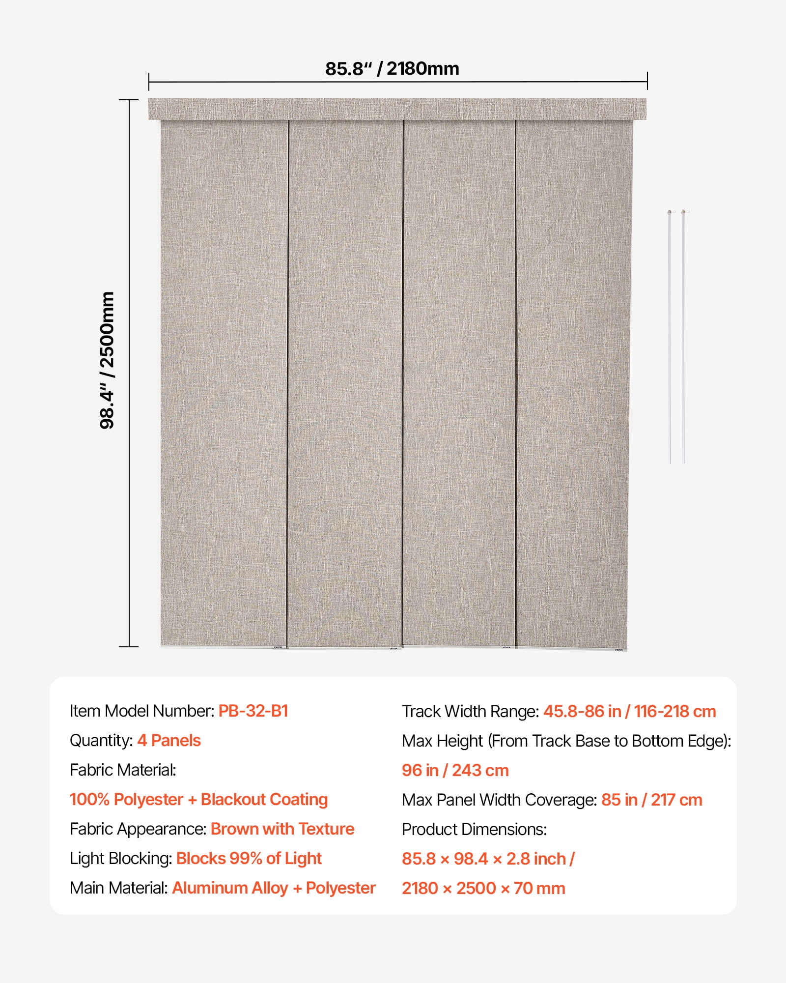 VEVOR Panel Track Blinds,Extendable Track from 45.8 in to 86 in W, Trimmable Panel Curtains Up to 96 in H, Vertical Blackout Panel Blinds for Sliding Doors, Patio Doors, Room Divider, Windows, Brown