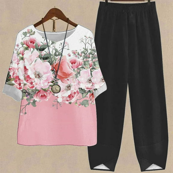 DDAPJ pyju Womens Cotton Linen 2 Piece Outfits Dressy Floral Print Half Sleeve Blouse Tops with Elastic Waist Capri Pants Suits Plus Size Lounge Matching Set Pink XXXXL