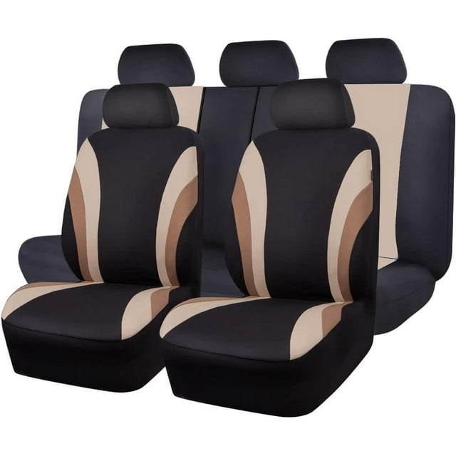 CAR PASS Line Rider Sporty Cloth 11PCS Universal Fit Car Seat Cover -100% Breathable with 5mm Composite Sponge Inside,Airbag Compatible,3zipper Bench(Full Set, Black and Beige)