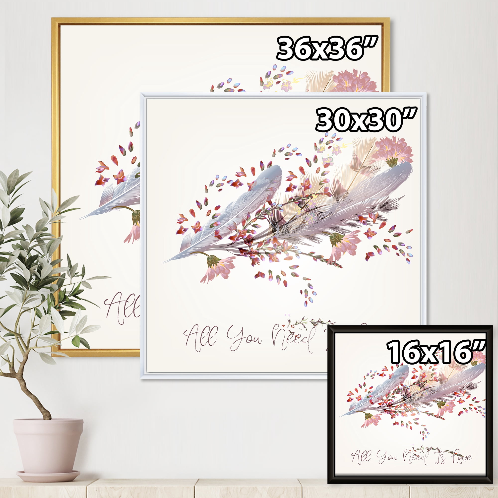 Designart 'Pink Feathers and Flowers All You Need Is Love' Bohemian & Eclectic Framed Canvas Wall Art Print