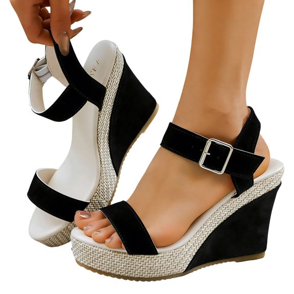 Rokment Women's Wedge High Heels Dressy Sandals Stylish Casual Suede Open Toe Ankle Strap Espadrilles Chunky Extra Heeled Dress Summer Shoes for Ladies Black Size 6