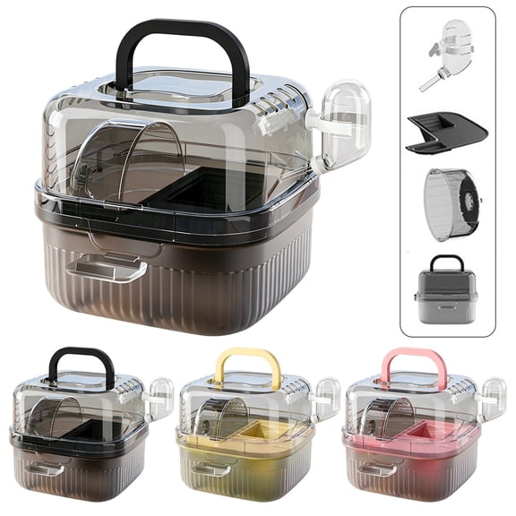 Apeya Black 10.6x10.6 Inch Hamster Travel Cage, Clear View Small Animal Carrier with Exercise Wheel and 80ml Water Bottle for Mice Gerbils Outdoor Trips