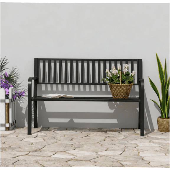 JERFIT 2-Person Outdoor Metal Garden Bench with Back, Black Steel Patio Bench for Porch, Lawn, Yard