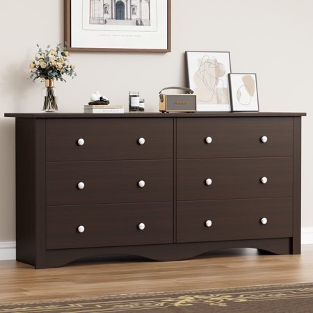 Lumihaven Rustic Modern Chest of 6 Drawers Extra Wide Double Dresser for Master Bedroom or Nursery Storage Brown