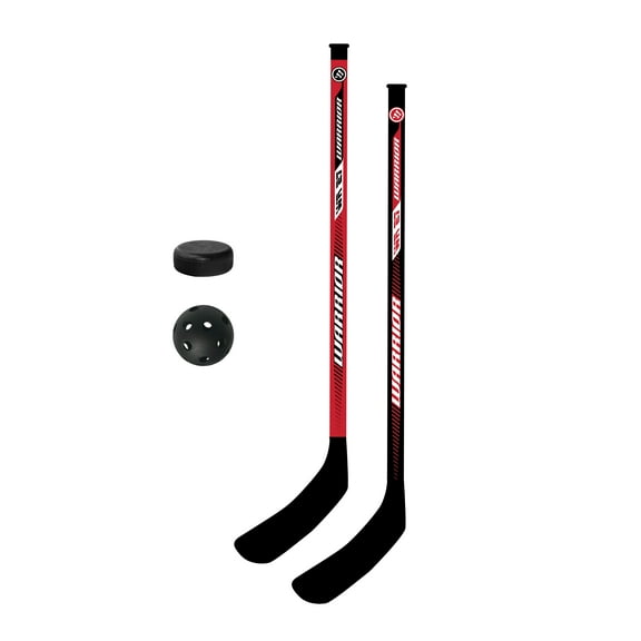 Warrior Hockey Player Stick 4pc Combo Set - 2 27" Plastic Hockey Player Sticks 1 Ball 1 Puck
