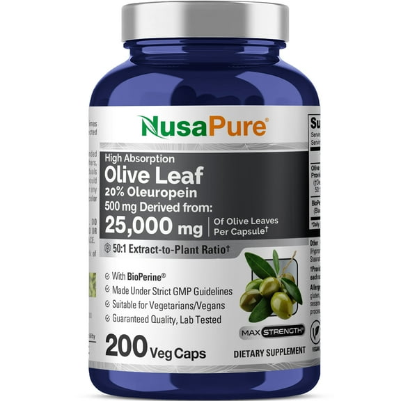 NusaPure Olive Leaf 20% Oleuropein 50:1 Extract, 500 mg Equivalent to 25,000 mg 200 Veg Caps Suitable for Vegetarians and Vegans, Non-GMO