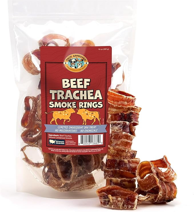 Pack Approved Beef Trachea Smoke Rings - Crunchy Dog Treats Beef Trachea for Dogs - with Glucosamine Chondroitin for Dogs - No Hide Dog Chews for Healthy Treats for Training and Snacks - 10oz