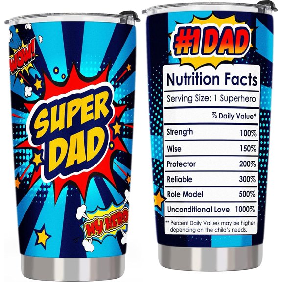 Valentines Day Gifts for Dad from Daughter Son - #1 Dad Nutrition Facts Tumbler Cup - Super Dad Tumbler Gifts, Best Dad Birthday Gifts, 20oz Super Dad Stainless Steel Tumbler Cup