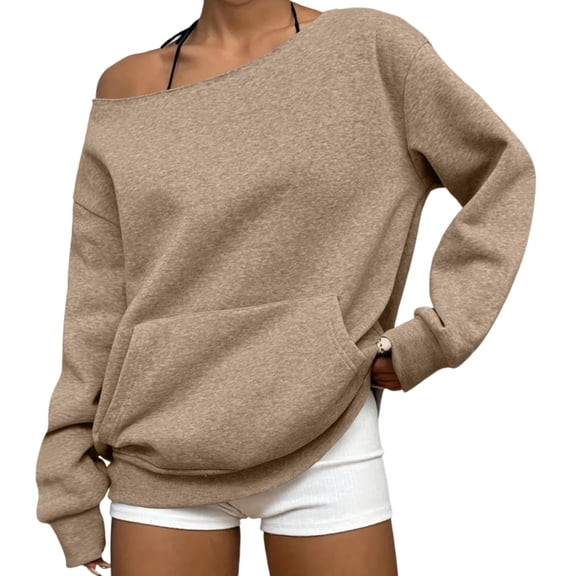 Fall Fashion Womens Off Shoulder Sweatshirt Slouchy Pullover Tops Solid with Pocket