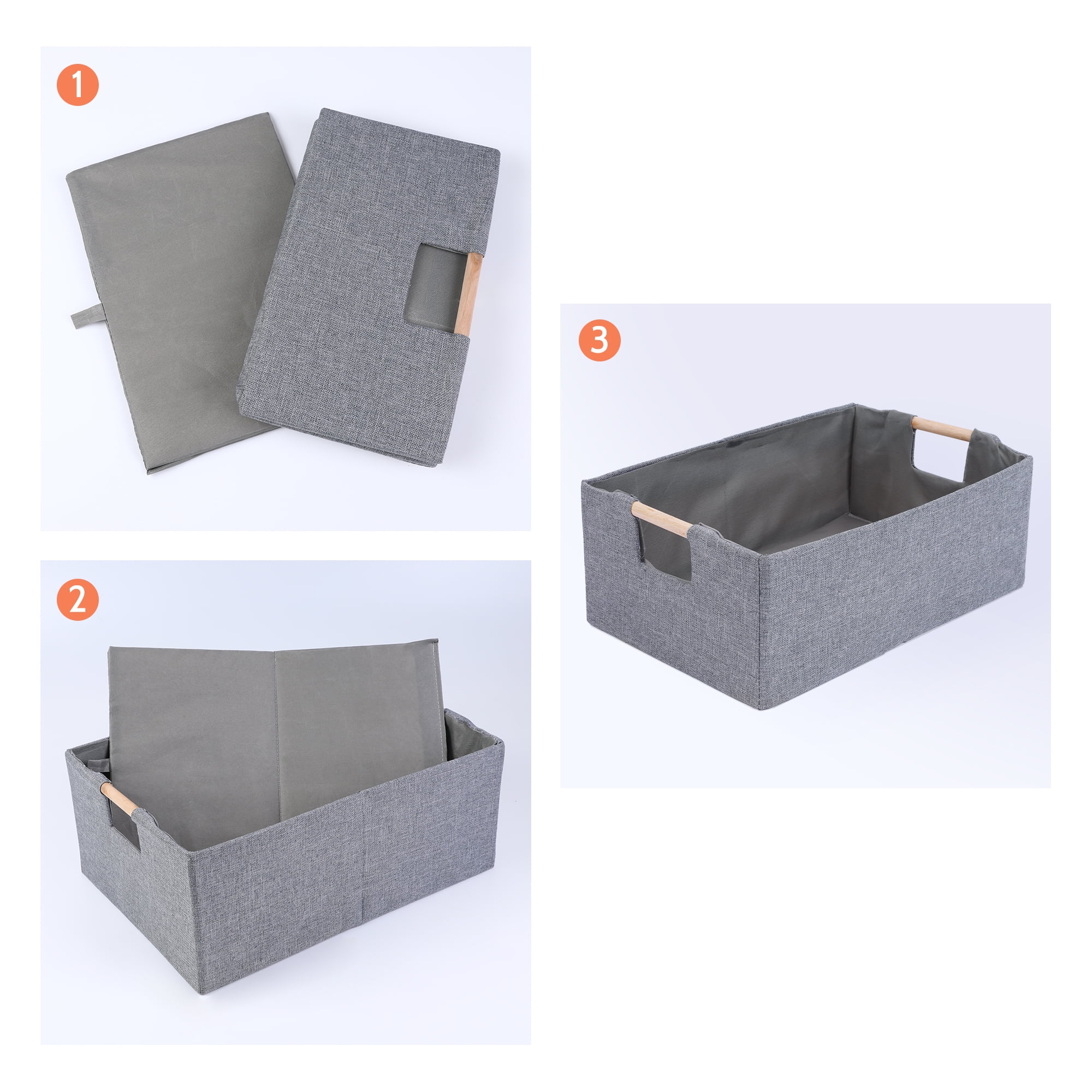 Unique Bargains Foldable Storage Basket with Wood Handles Gray 15*10.6*5.9