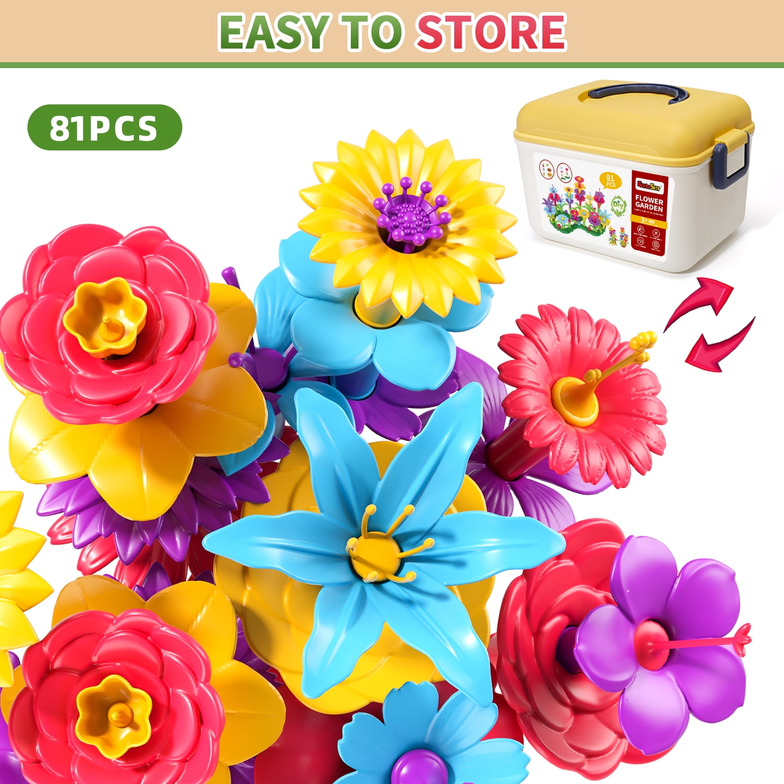 KukuFun Toddlers Girls 81 Pcs Flower Garden Building Toys for Ages 3 4 5 6 7 8 Years Old, Girls Building Educational Stem Toys, 3-8 Years Old Girls Birthday Gift