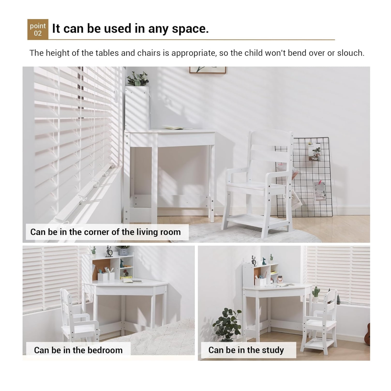 Kids Study Desk and Chair Set, White Corner Table with Adjustable Chair, Hutch, Cork Bulletic Board, Pen Holders, Small Art Table Homework Table Set for Children for Home School